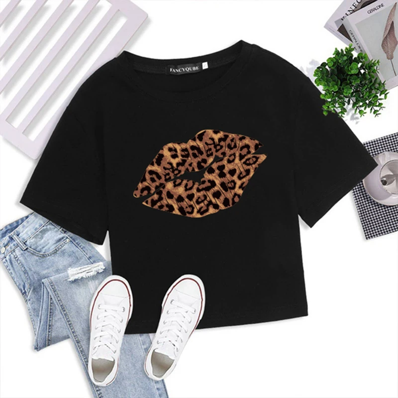 Seeyoushy Lips Leopard Print Women T-shirts Fashion Navel Short Tee Shirts Femme Harajuku Graphic Cropped Tops Y2k Streetwear