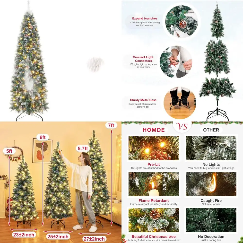 

6-футовая искусственная снежная рождественская елка с предварительной подсветкой и 160 теплыми белыми огнями и сосновыми шишками