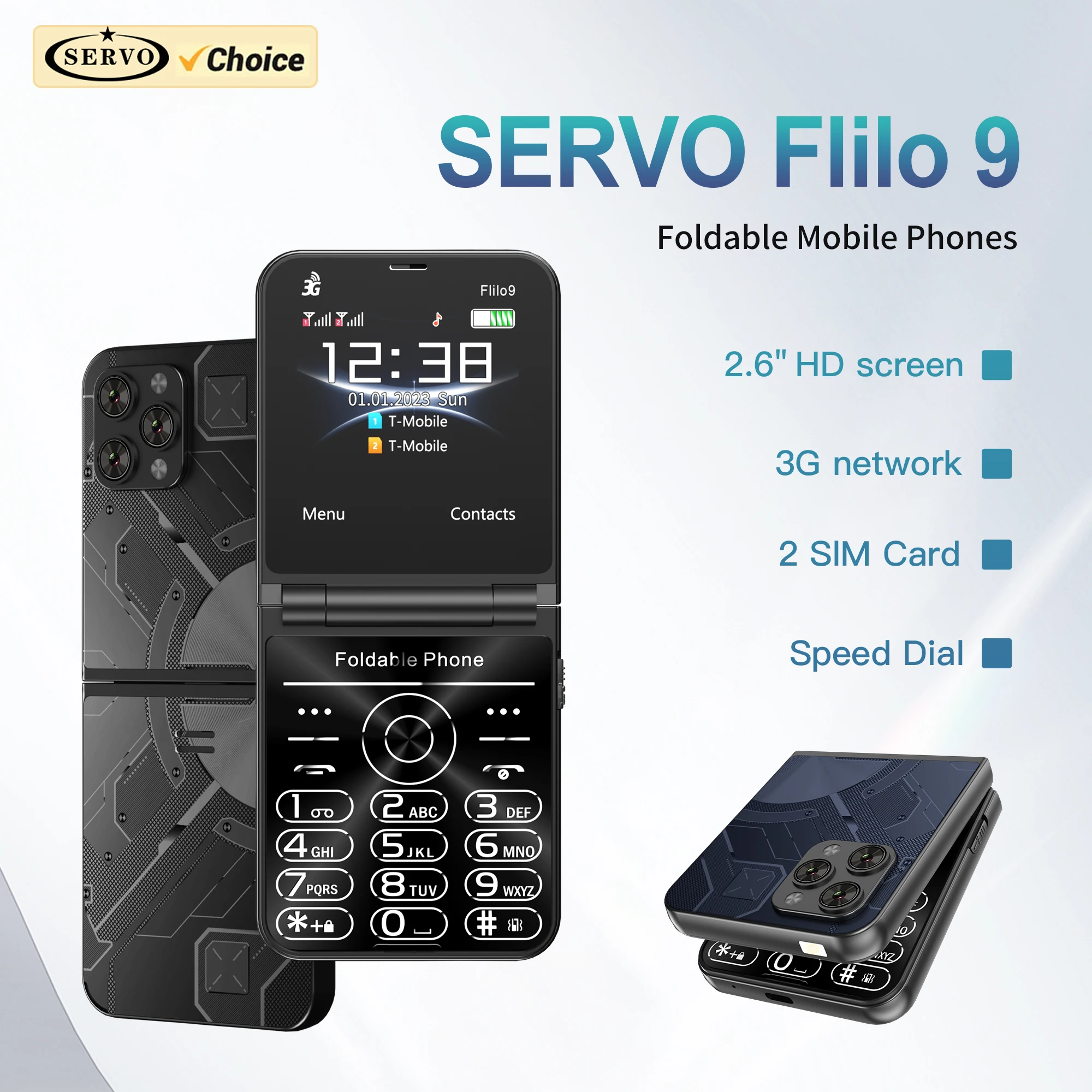 SERVO Flilo9 Foldable Mobile Phone 3G WCDMA 2 SIM Standby Speed Dial Call Recording Blacklist FM Radio Flip Button Mobile Phones