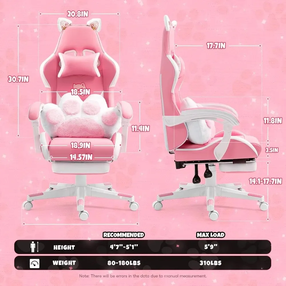 Pink Gaming Chair with Cat Paw Waist Pad and Cat Ears, Ergonomic Computer Chair with Foot Pedals, Office Chair