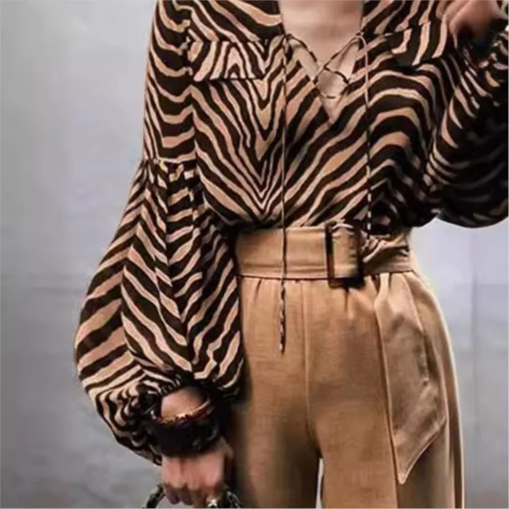 Elegant Lantern Sleeve Top Blouses Tops 2024 Women\'s Spring And Autumn New Item Zebra Print V-neck Lace Up Long Sleeved Shirt