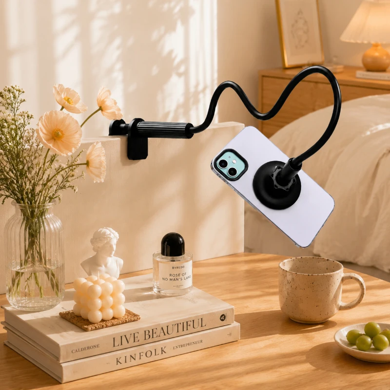 

Bendable 120CM Gooseneck Phone Stand, Foldable Silicone Metal Clamp Holder for Bed Desk, Universal Mobile Stand for Content