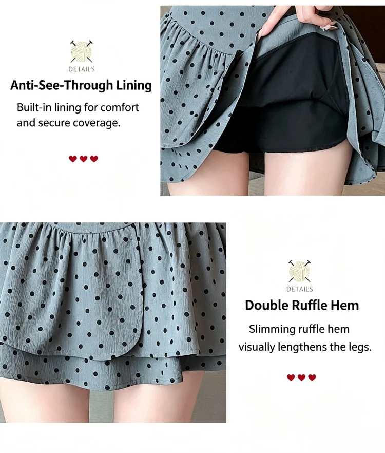 Koreanischer Stil Damen Polka Dot Minirock Hohe Taille Rüschen A-Linie Lässiger Pendler-Kurzrock mit Innenfutter – Detail 2