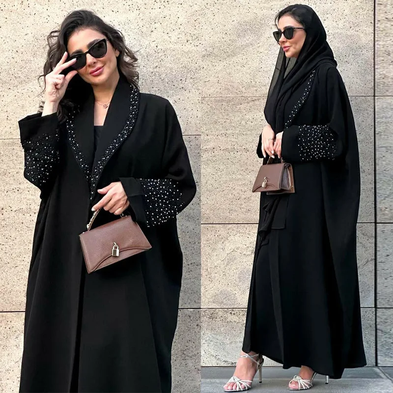 

Arab Dubai Women's Black Jacket Heavy Industry Hot Diamond Robe Abaya Fashion Cardigan One Size Robe