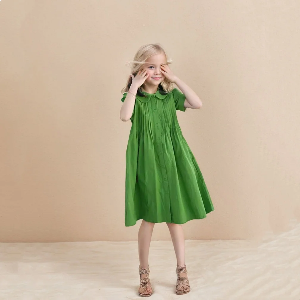 Fashion Girls Clothing Summer Toddler Girl Dress Green Bow Doll Collar Soft  Comfortable Cotton Puff Sleeve Children  Kids Dress