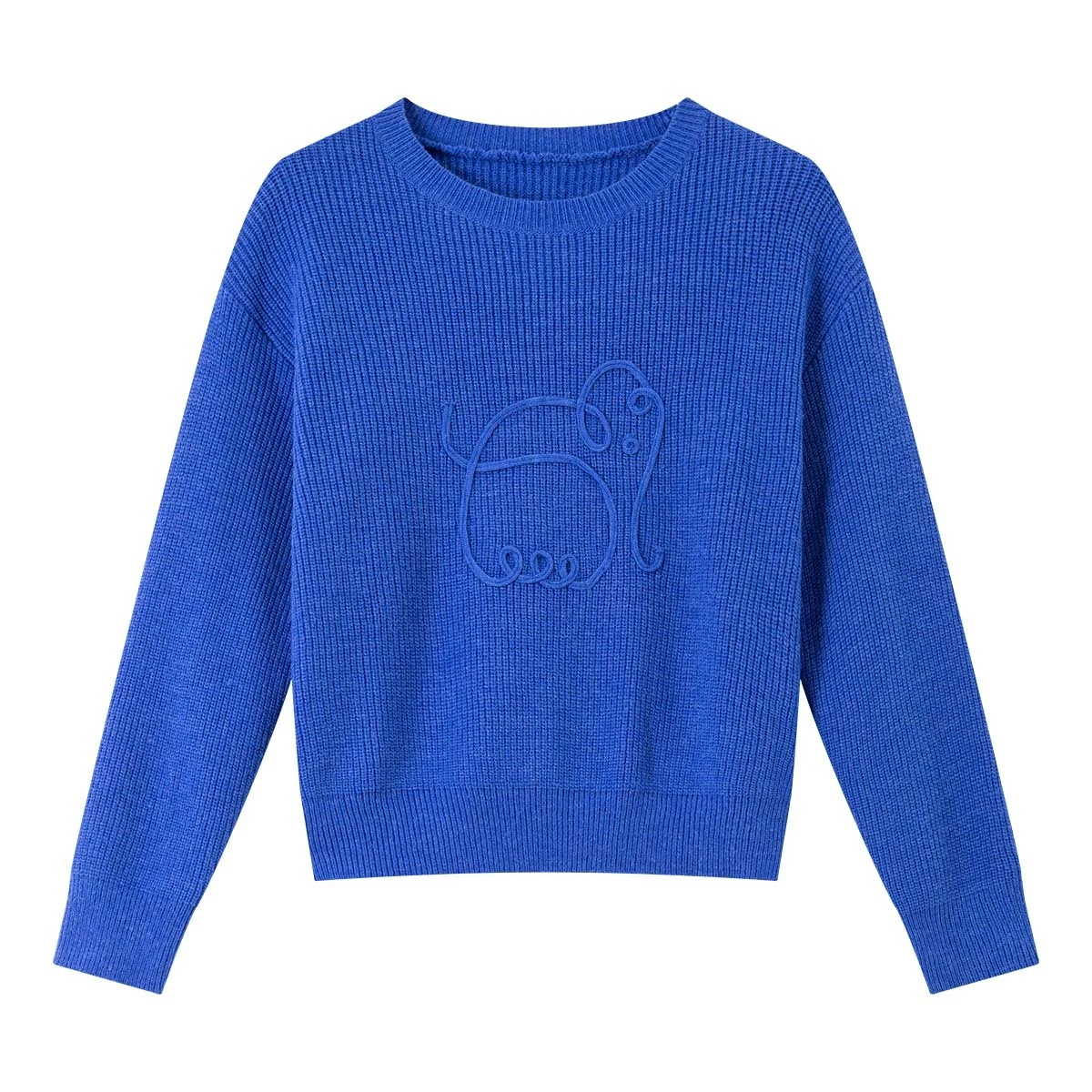 VIMLY Damski Niebieski Sweter Dzianinowy Elegancki Słoń 3D Okrągły Dekolt Pulowery Jesień 2025 Codzienne Swetry z Długim Rękawem Damskie Bluzy 75128