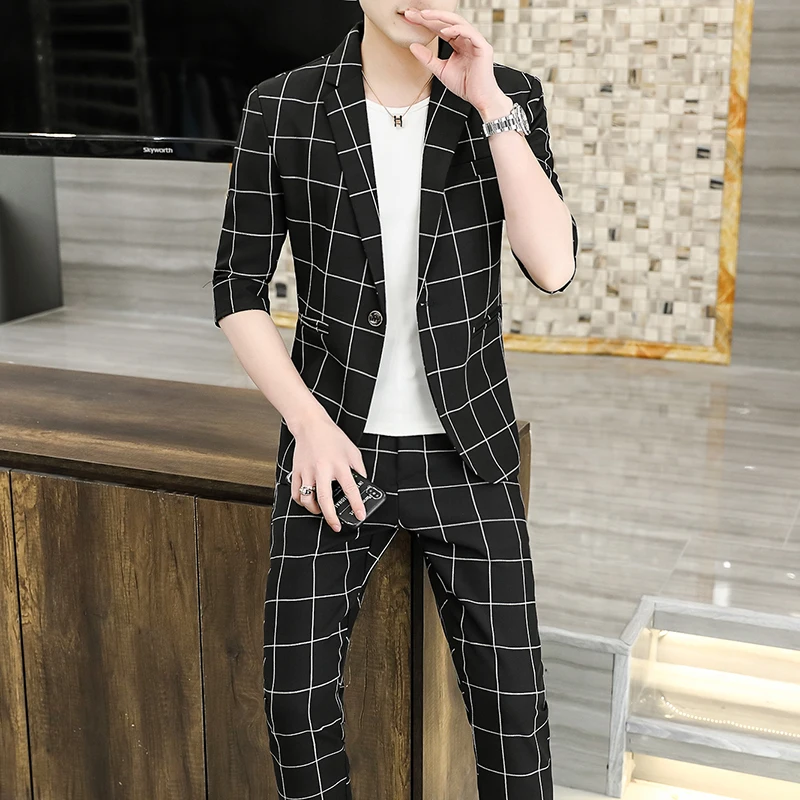 New fashion suit (Blazer+ nine-point pants) teenagers in the sleeve decoration body style men's seven-point sleeve summer coat