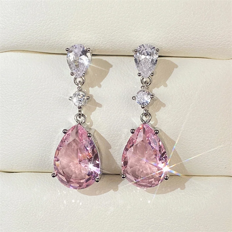 Huitan Delicate Pink CZ Drop Earrings Women Wedding Party Fashion Pear Ear Accessories Fancy Birthday Gift Statement Jewelry