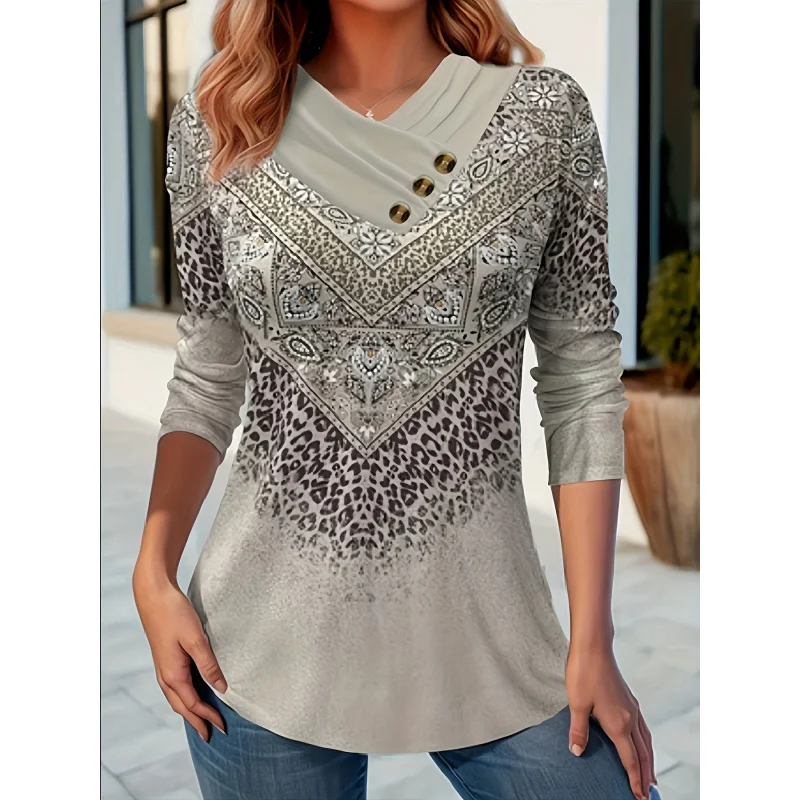 

Women Leopard Paisley Print Draped Long Sleeve Tops, Casual Soft Loose Tunic Blouse Daily Wear Shirts