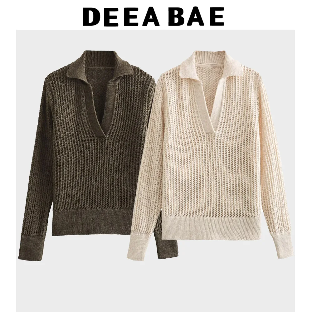

DEEABAE Women Clothing Design Sense Small V-neck Hollow Decoration Stitching Long Sleeve Knitted Top Loose Slim Pullover Sweater