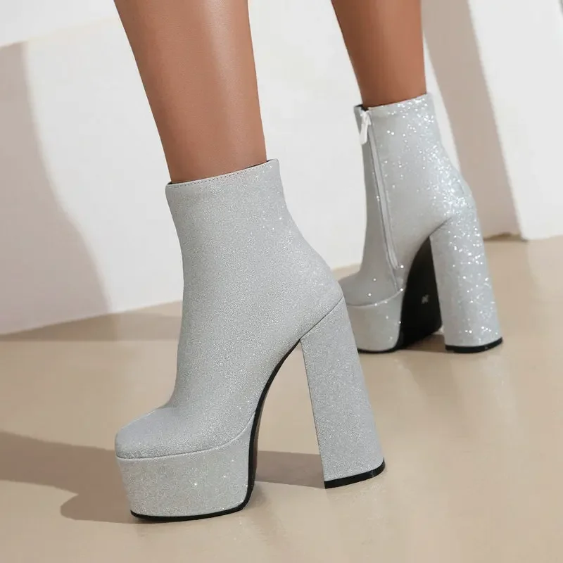 

Блестящие блестящие вечерние свадебные туфли золотого, серебряного цвета на высоком каблуке, модные зимние теплые розовые ботильоны на платформе