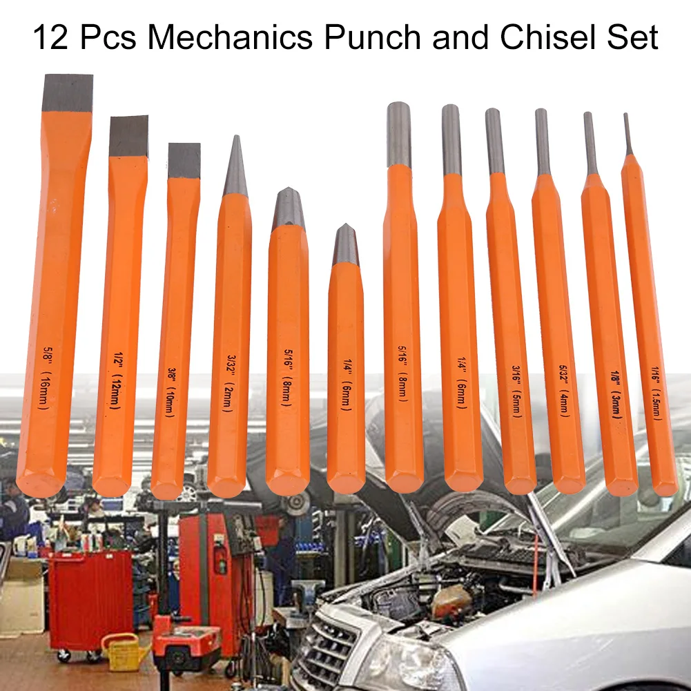 

12 Pcs Professional Mechanics Punch and Chisel Set Machine Taper Tool Steel Chisel