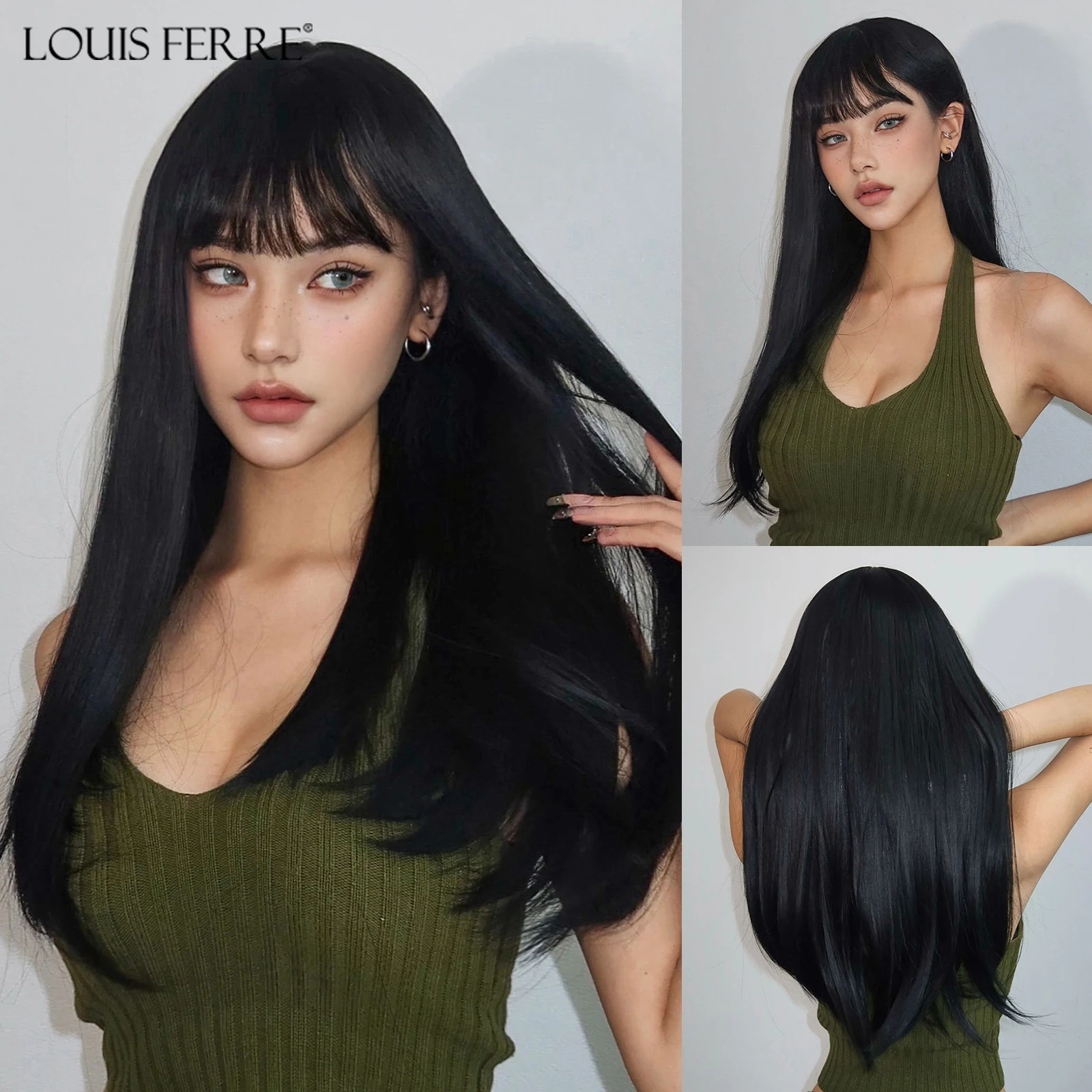 LOUIS FERRE Long Straight Black Synthetic Wigs With Bangs Natural Black Women's Hair Wigs Cosplay Daily Use Heat Resistant Fiber