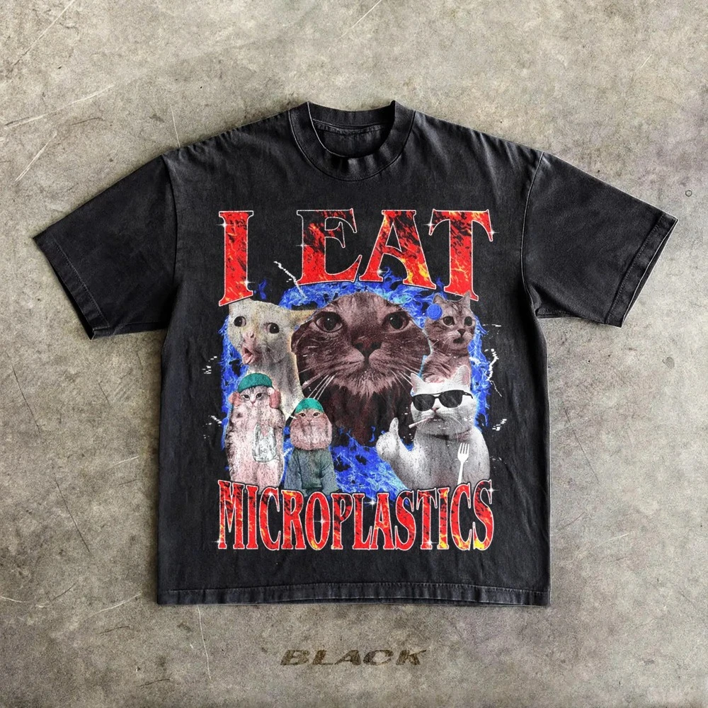Cursed Cat Shirt I Eat Microplastics Graphic Tee for Men Women Funny Meme T-Shirt Sarcastic Weirdcore Top
