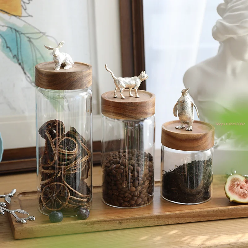 

Glass Sealed Jar Coffee Bean Storage Jar with Lid Household Food Tea Cans Wooden Penguin Cover Home Decoration Ornaments