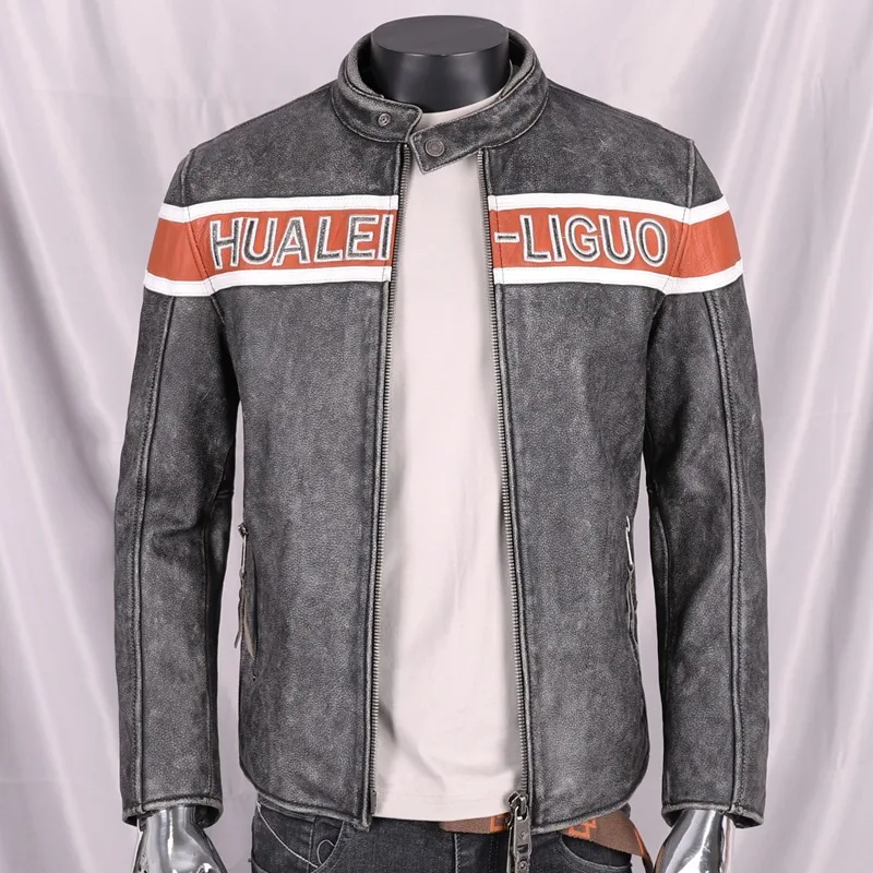 

2024 New First Layer Of Cowhide Leather Men's Short Slim-fit Motorcycle Bike Riding Suit Personalized Male Embroidery Tide Coats