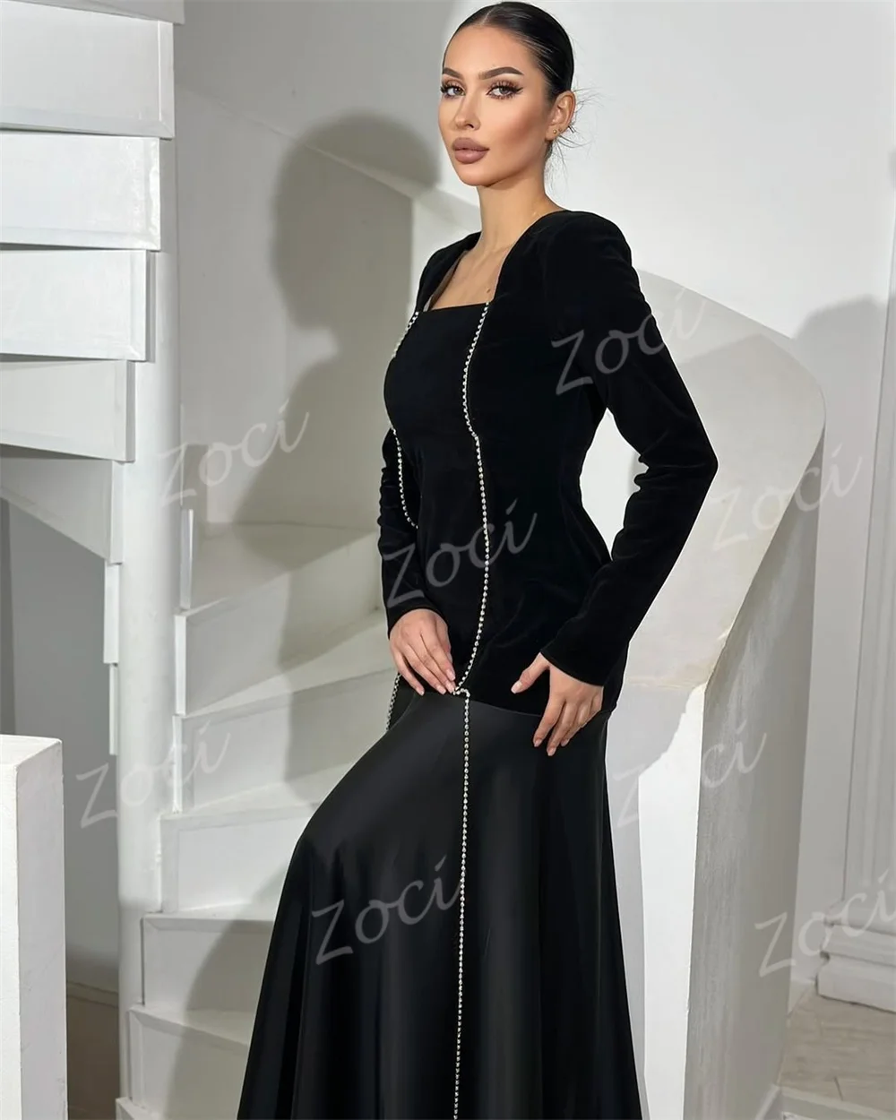 Zoci-vestidos de fiesta negros con cuello cuadrado, vestido de noche de manga larga con cuentas de satén, vestido Formal personalizado para ocasión de fiesta saudí
