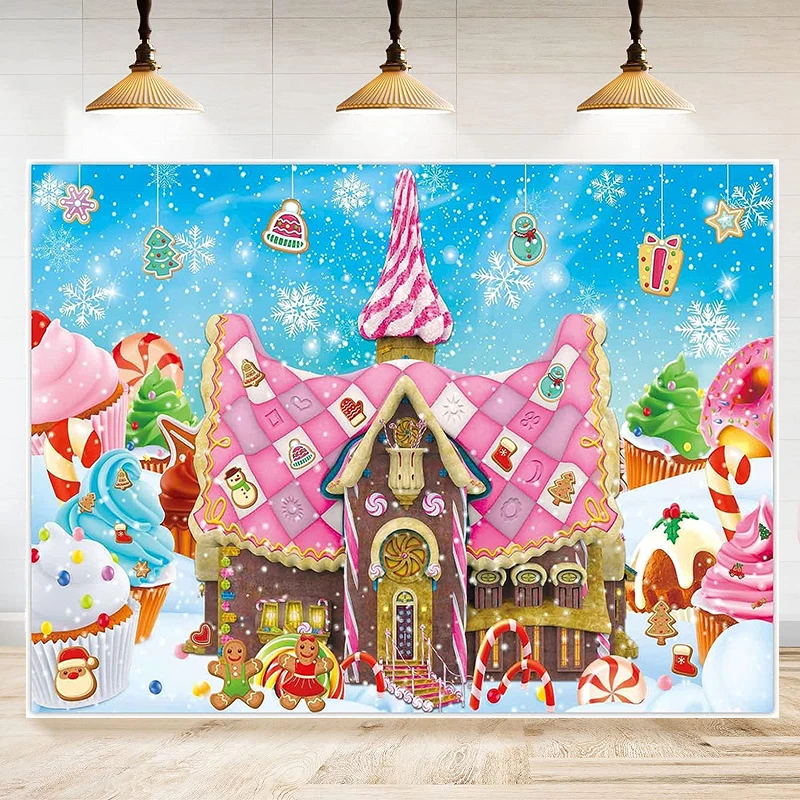 Photography Backdrop Candy Cookies Gingerbread House Winter Merry Christmas Xmas Birthday Party Supplies Decorations Banner