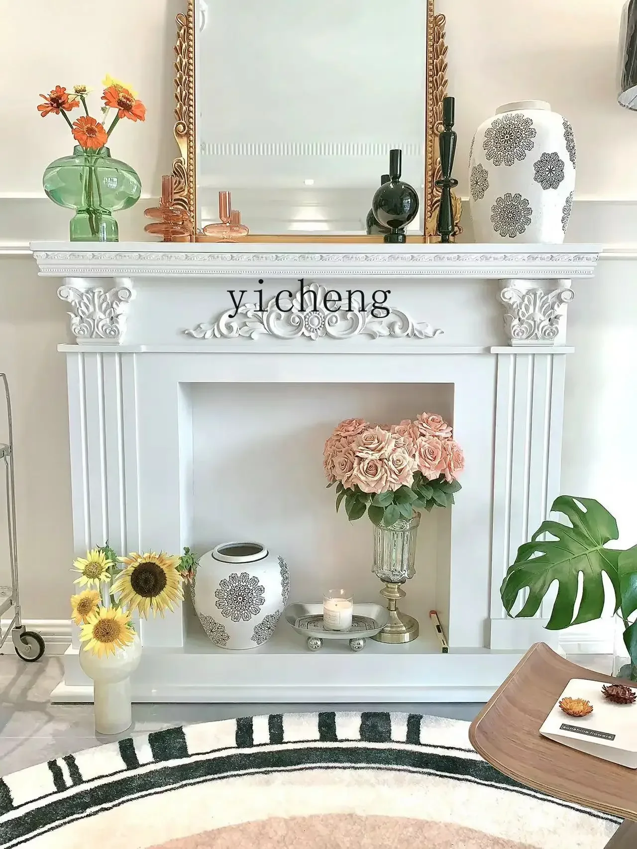r9.2- Carved Fireplace Curio Cabinet Wall Entrance Shelf Vintage Distressed Storage Photography Props