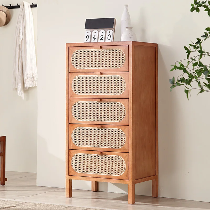 Nordic solid wood rattan woven bucket cabinet, log storage cabinet, multifunctional storage cabinet, retro standing cabinet