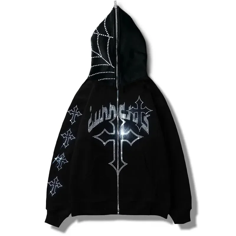 

2024 New Cross-Border Y2K Printing Jacket Long Sleeve Hooded Zipper Double Cap Sweatshirt Design Sensibility In Trendy