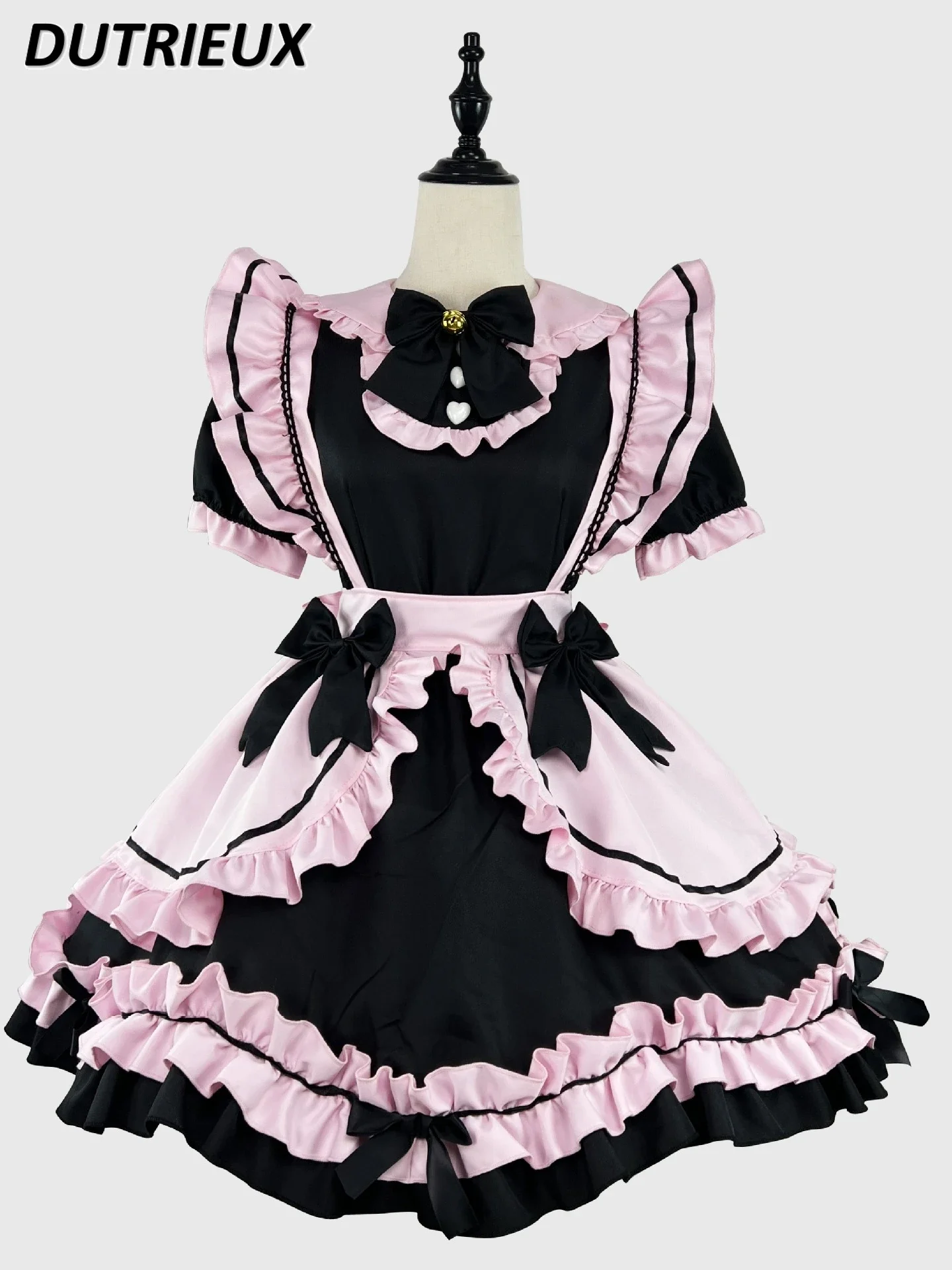 

New Japanese Style Lolita Black Pink Short Sleeve Dress Maid Costume Cosplay Sweet Girl Cute Bow Slimming Mid-length Dresses