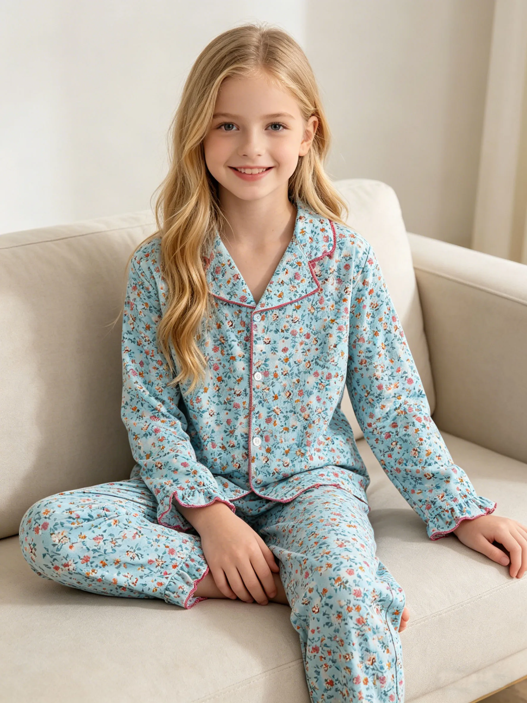 Girls' fashionable home clothes for spring and autumn, girls' outdoor leisure floral pattern top, long sleeved pants