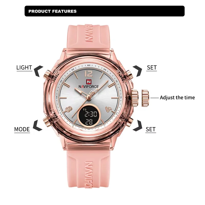 NAVIFORCE Watches for Woman New Design Small Dial Sport ladies 5ATM Waterproof Quartz LCD Digital Display Wristwatch RelojMujer
