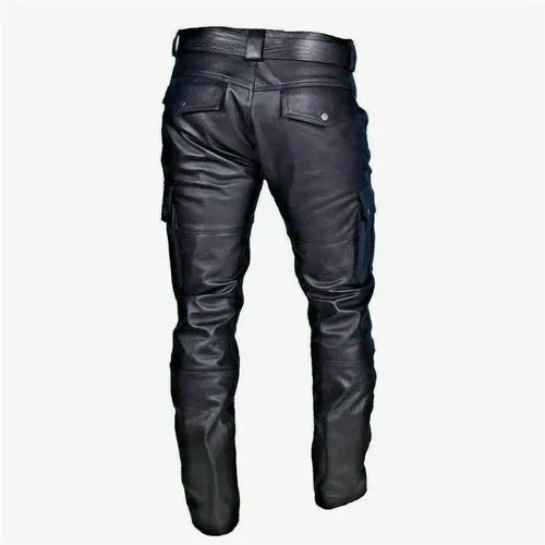 Imagen 2 del producto Pantalones de moto de cuero para hombre con bolsillos tipo cargo, negros, pantalones de PU sin cinturón, pantalones para hombre talla grande S-5XL