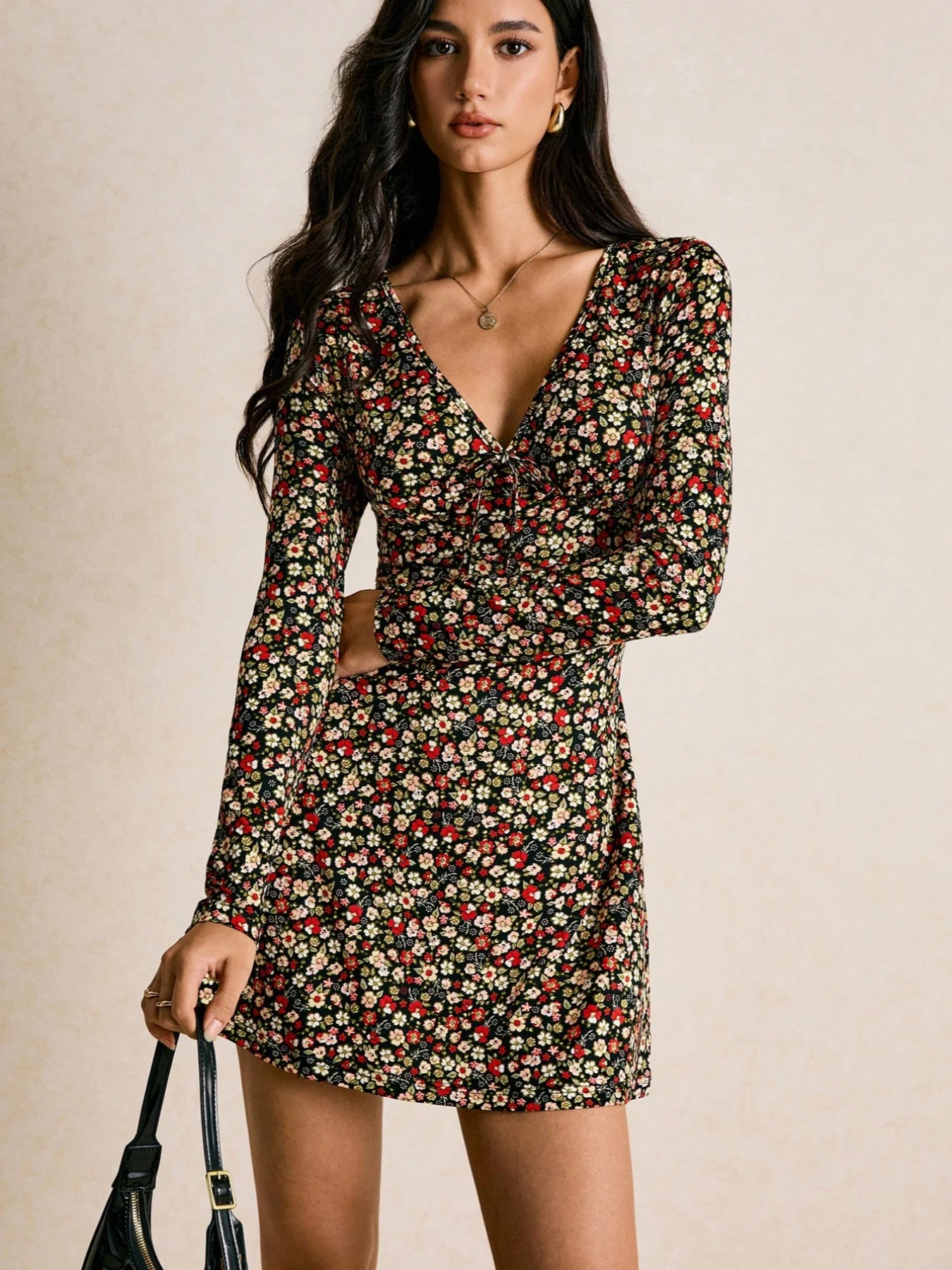 Autumn and winter fashion new V-neck full body floral slim fit long sleeved dress
