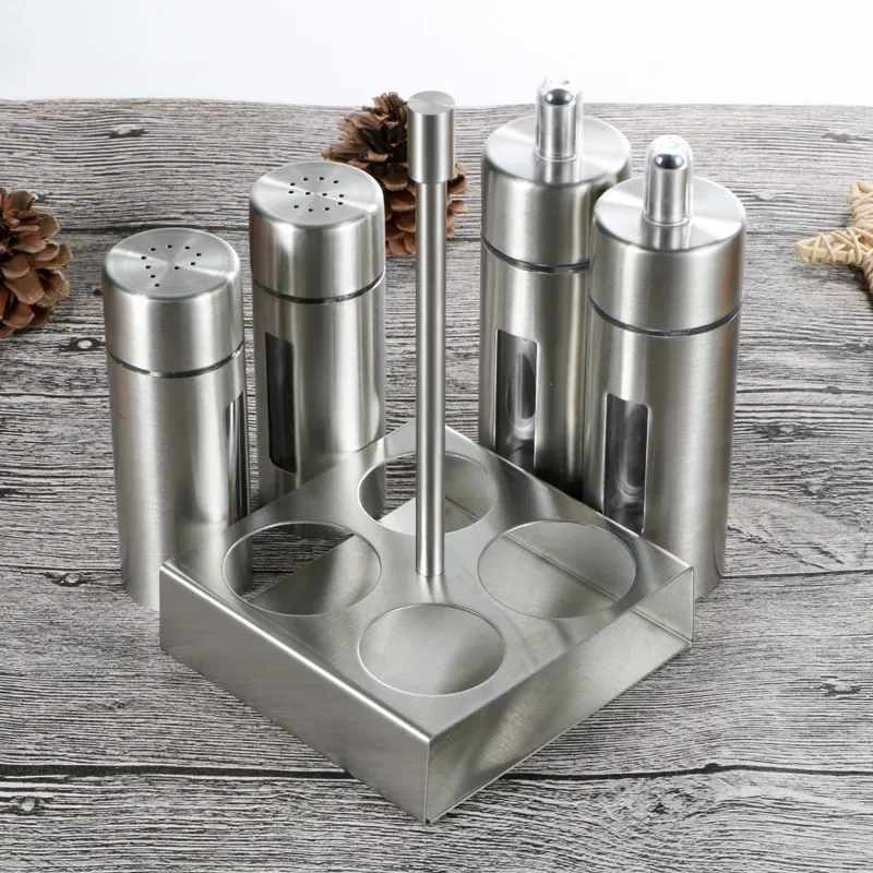 Castor Stainless Steel Salt Pepper Shaker Set Odor-Free Spice With Stand Condiment Box Cooking Seasoning Bottle Kitchen Tools