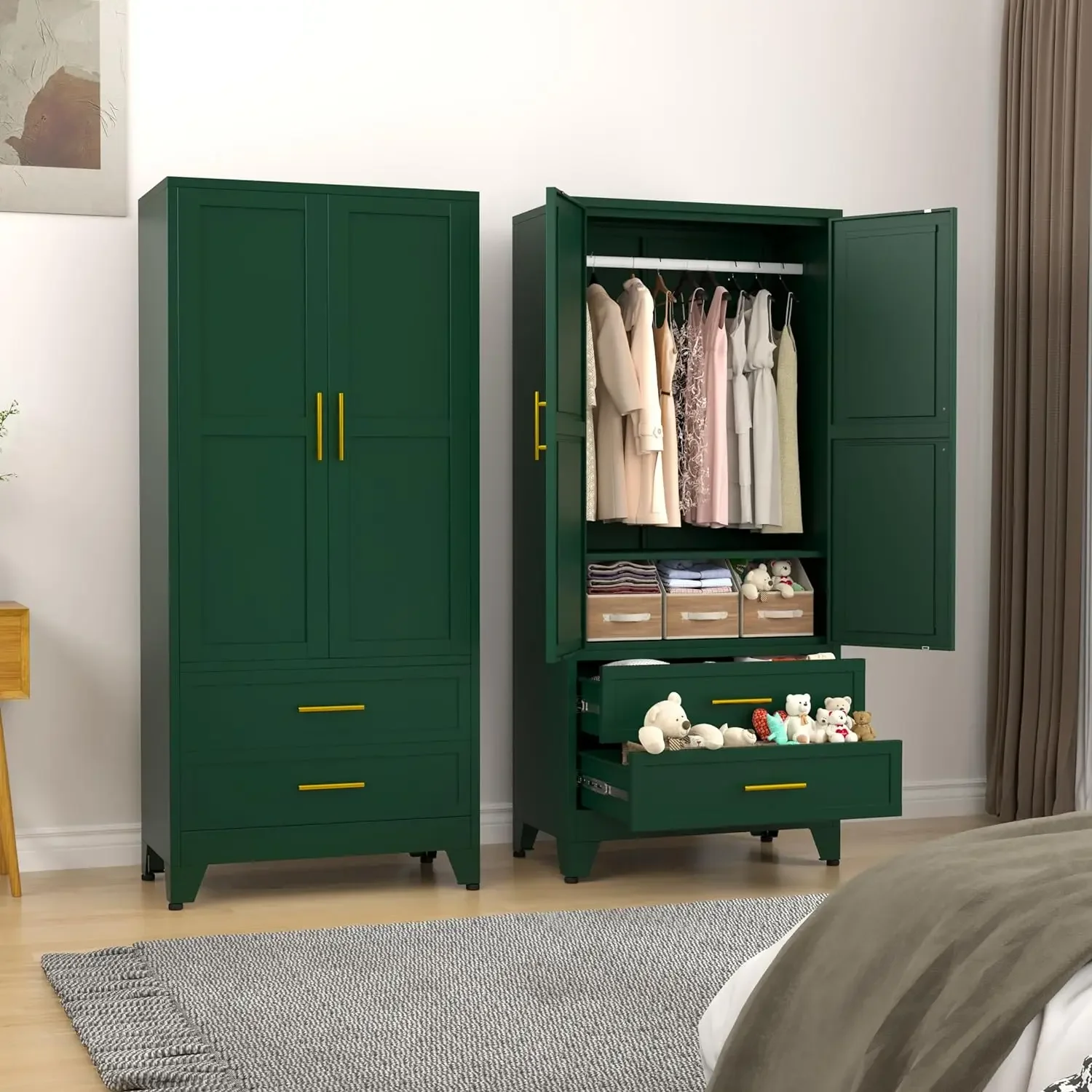 Metal Armoire Wardrobe Closet, 71 Clothing Storage Cabinet w/ Adjustable Shelves &Hanging Rod, Wardrobe Storage Cabinet