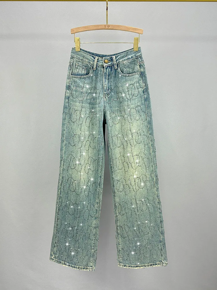 

Women's Jeans High Waist Irregular Lines Diamond Inlaid Straight Wide Leg Denim Trousers 2024 Spring New Fashion