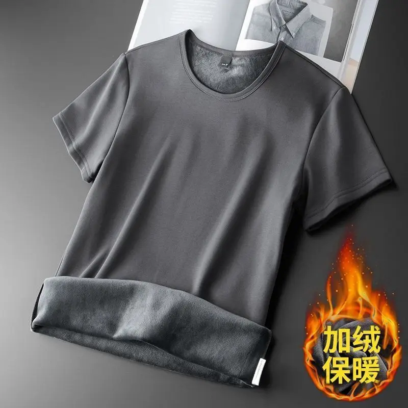 Men Thermal Underwear Tops Fleece Thickened short Sleeve T-Shirt Keep Warm Tees O-neck Solid Bottoming Shirt Thermo Pullover