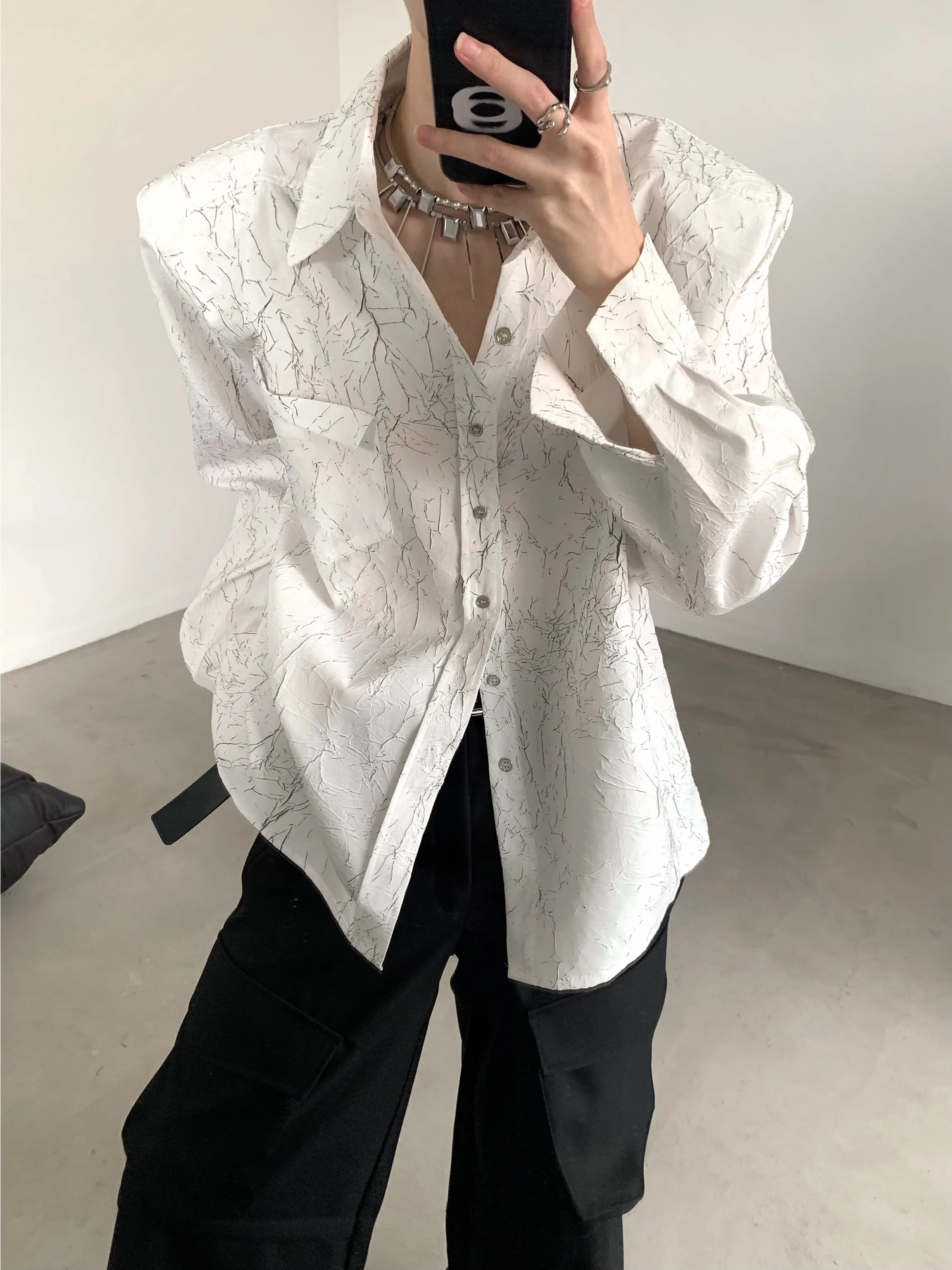 Fashionable Solid Color Shirt Padded Shoulder Shirts Men's Long Sleeve High-End Handsome Trendy Male Shirt Men's Clothes