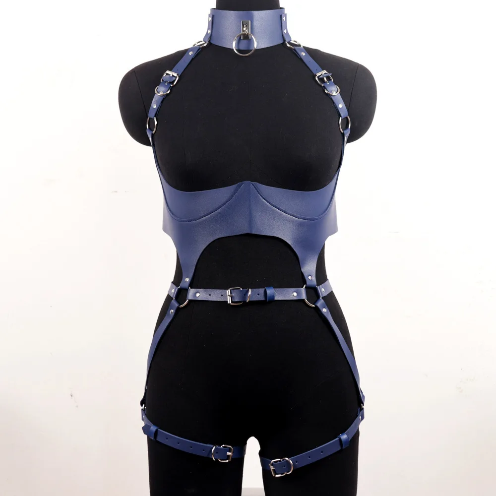 Women Leather Harness Sets Sexy Lingerie Body Bondage Straps Chest Harness Garter Belts Full Body Blue Gothic Suspenders