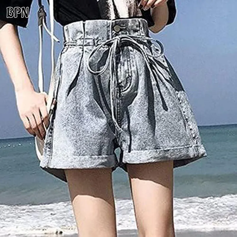 

BPN Casual Patchwork Lace Up Shorts For Women High Waist Spliced Pockets Soild Minimalist Wide Leg Denim Short Jeans Female New