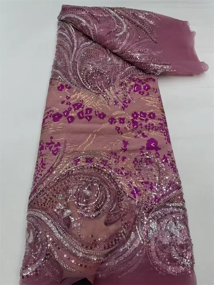 

African Luxury Purplish Red Sequins Lace Fabric High Quality Sequins Bead Lace Fabrics For French Wedding Tulle Net Lace Fabric