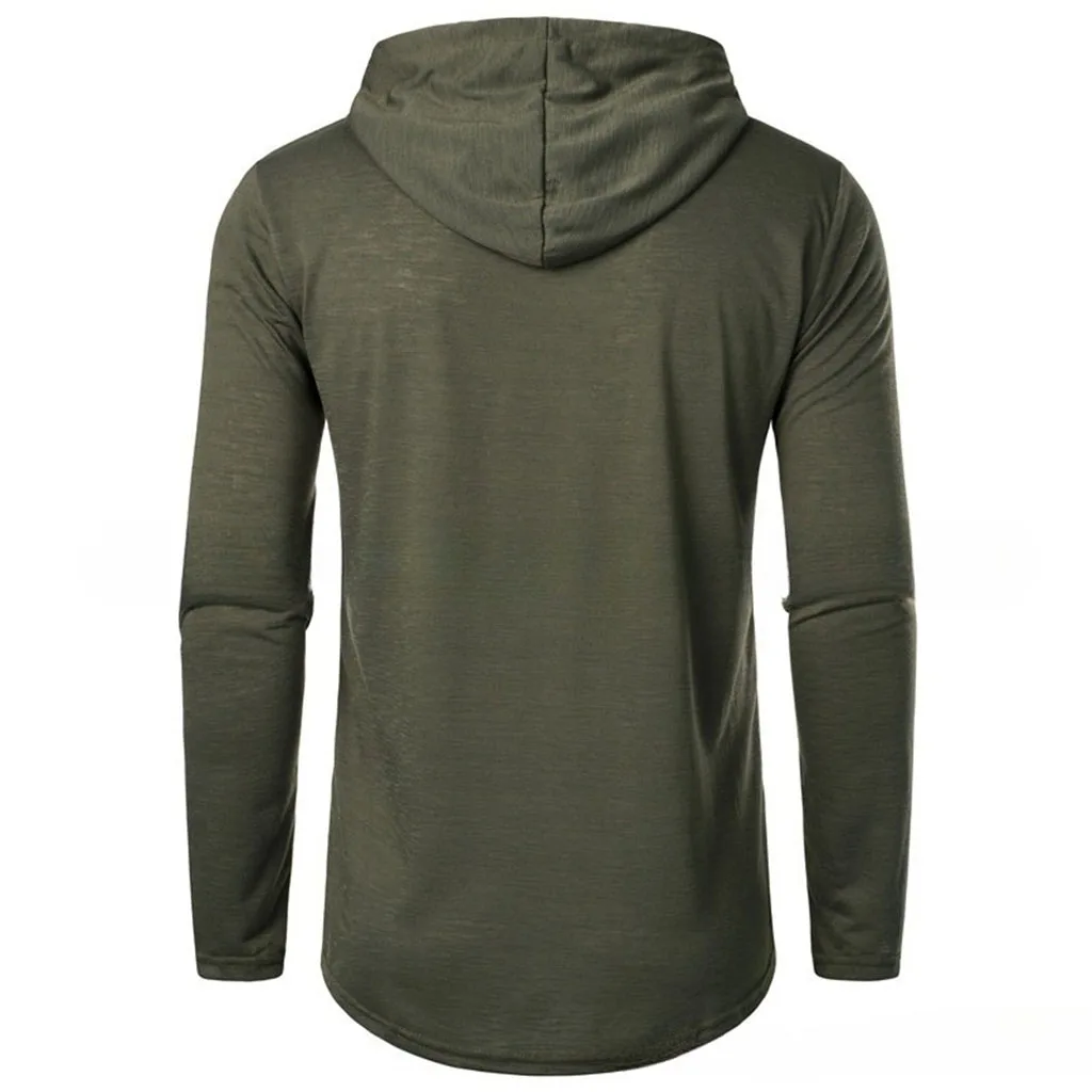 Herren-Langarm-T-Shirt mit Kapuze, Kordelzug, Baumwolle, lässig, gemütlich, einfarbig, schmale Passform, für Herren, Sport, Fitness, atmungsaktiv – Detail 7