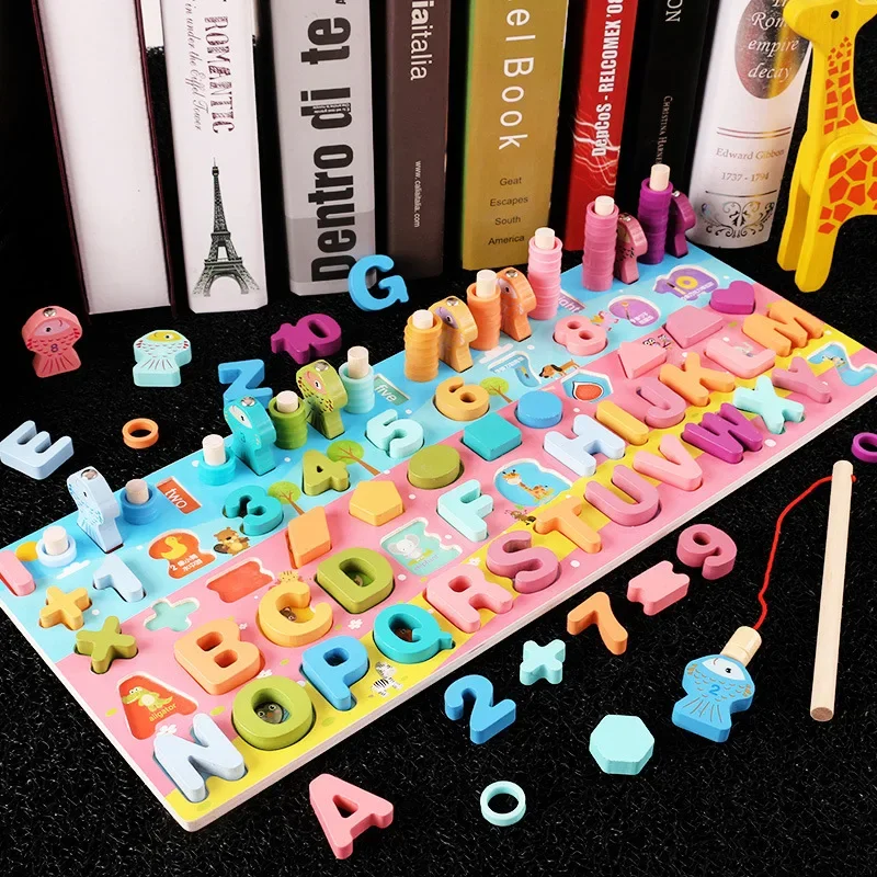 Hot Kids Montessori Educational Wooden Math Toys Children Busy Board Count Shape Colors Match Fishing Puzzle Learning Toys Gifts