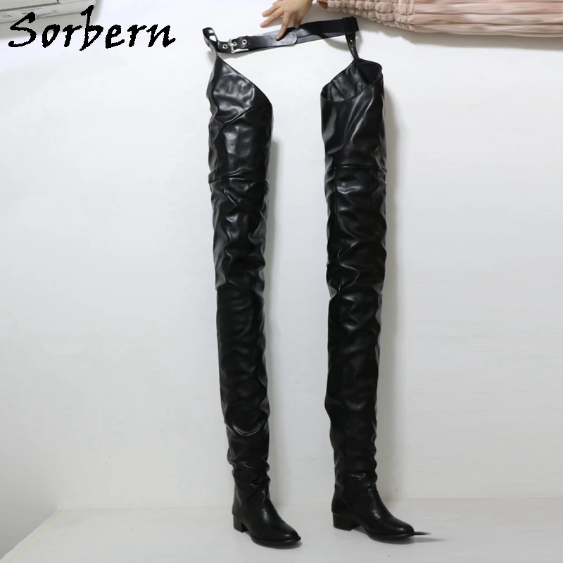 Sorbern Customized 110Cm Crotch Boots Unisex 130Cm Outside Low Heels Fetish Boot With Belt Round Toe Square Heel Multi Color