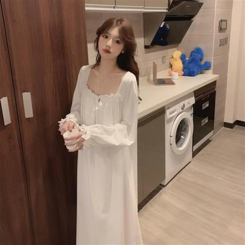 White Women Nightgowns Korean Style Sleepwear One Piece Pajamas Sweet Nightdress Cute Nightwear Long Sleeve Housewear Homedress