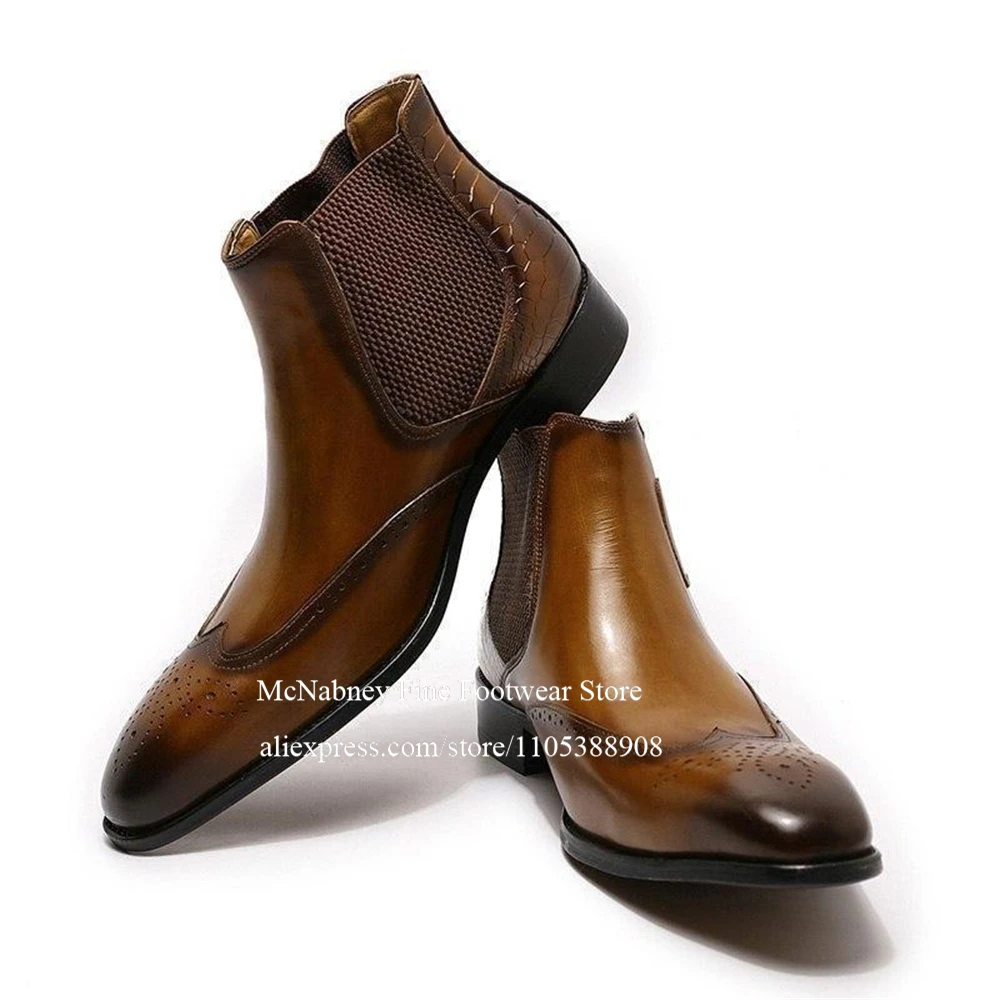 

Leather Cowboy Chelsea Brogue Ankle Boots with Side Buckle Handmade Men Dress Shoes for Formal Business Wedding Party Plus Size