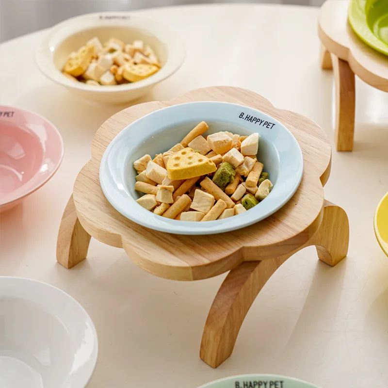 Cat Food Bowl with Wood Holder Stand Flower Shaped Ceramic Food Dish Water Bowl Cat Feeding Drinking Plates Multi Color