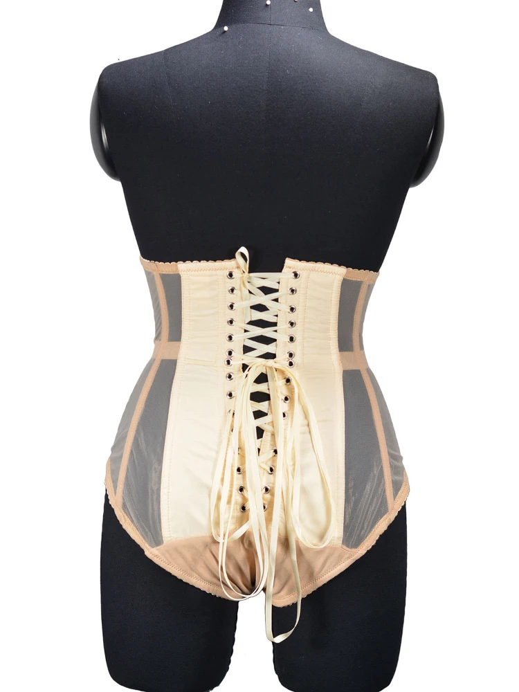 Women's Abdomen Corset Transparent Panties Crops Tummy Shapewear Belly Control Waist Trainer with Steel Bones Mesh Body Shaper