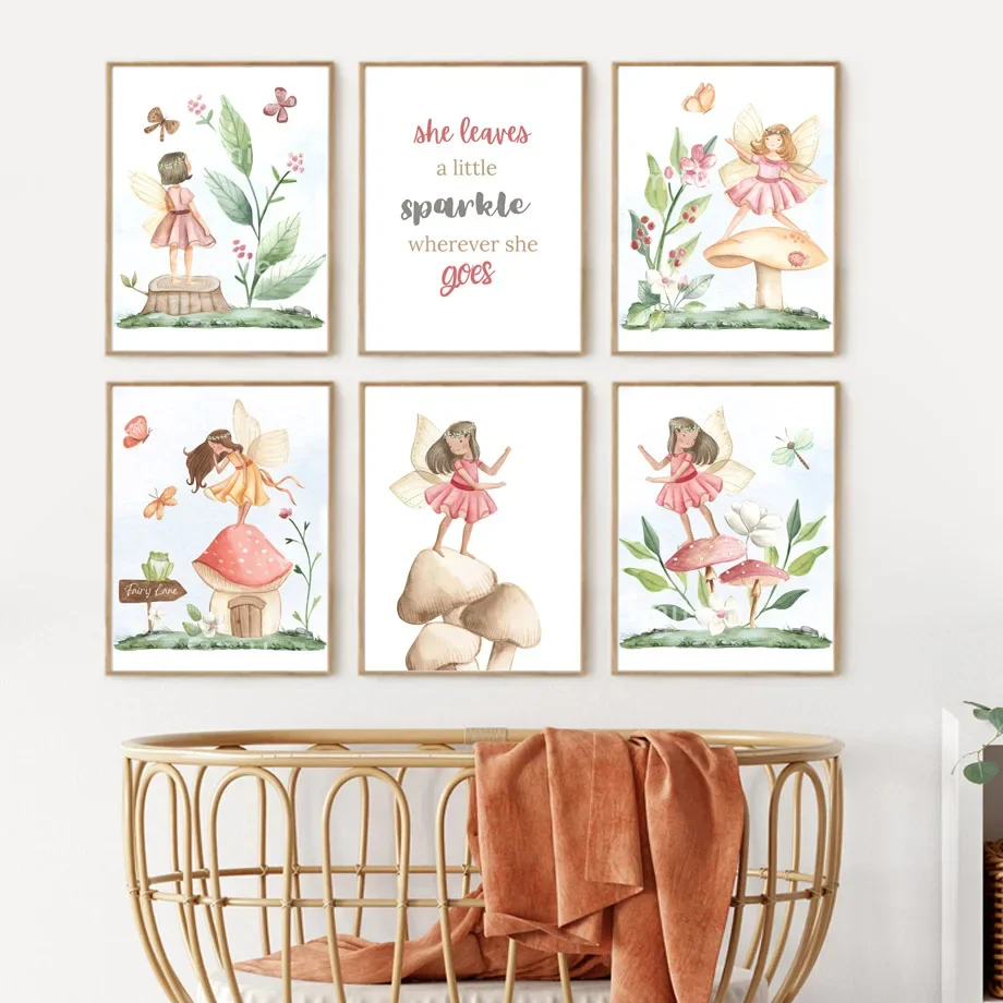 

Watercolor Angel Girls Mushroom Flower Custom Name Wall Art Canvas Print Whimsical Baby Room Decor Poster for Girls