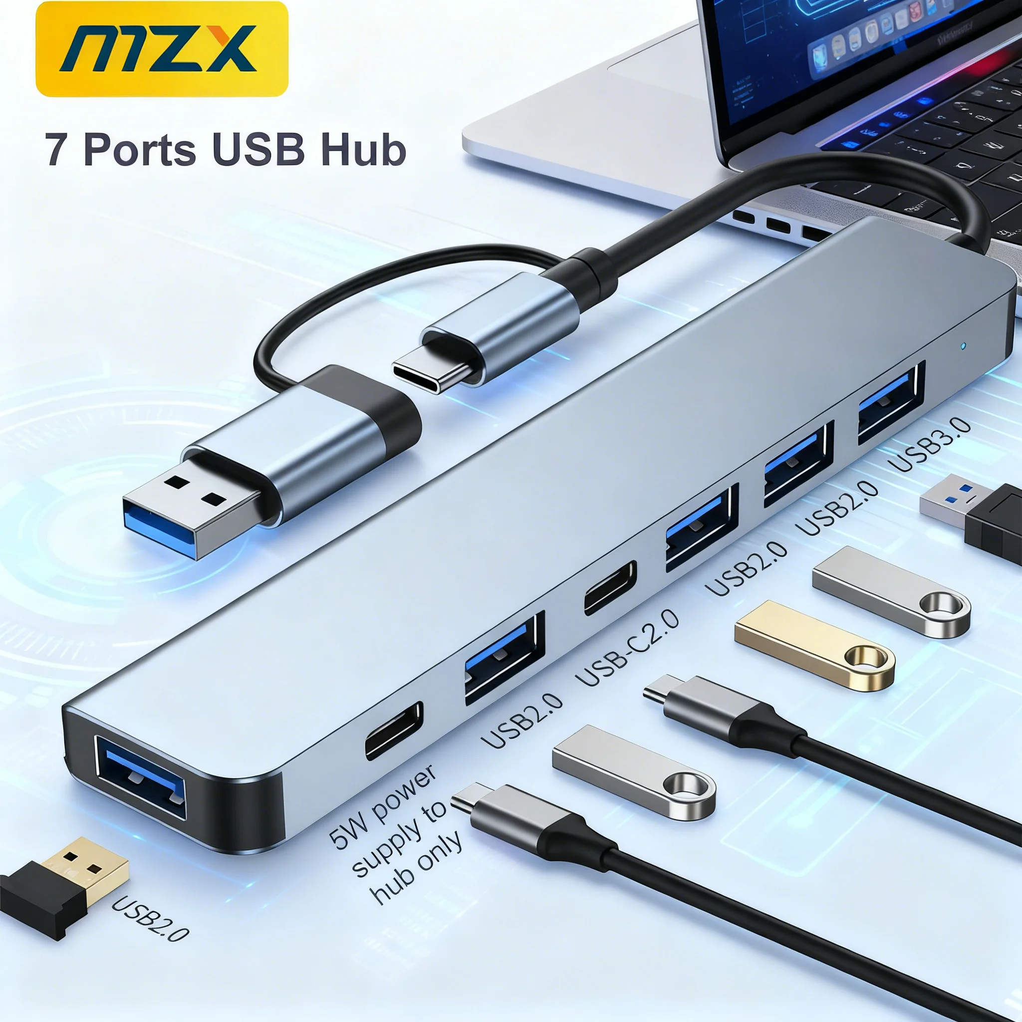 

MZX USB Hub 7 8 Ports Type A C Docking Station Concentrator 3.0 2.0 Multi Adapter Multi-hub Dock Splitter Laptop PC Accessories