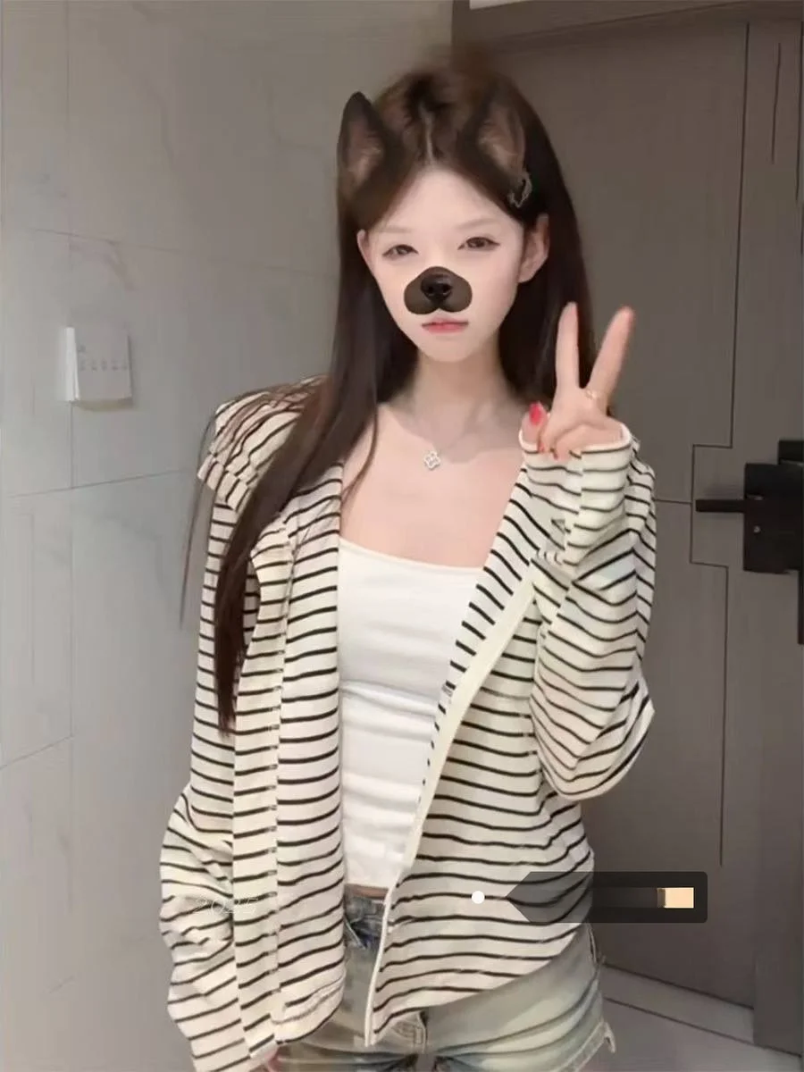 Sudadera con capucha holgada para mujer, ropa de abrigo larga a rayas, estilo coreano, sudadera informal holgada, capa exterior cómoda, invierno 2025