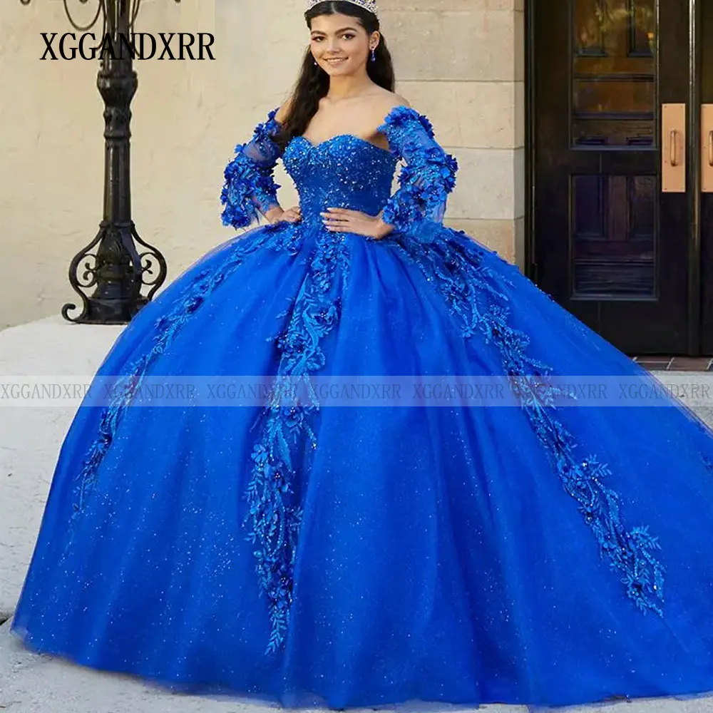 Royal Blue Ball Gown Quinceanera Dress Lace Applique Beads Long Sleeve With Cape Sweet 16 Vestidos De 15 Años Princess Birthday