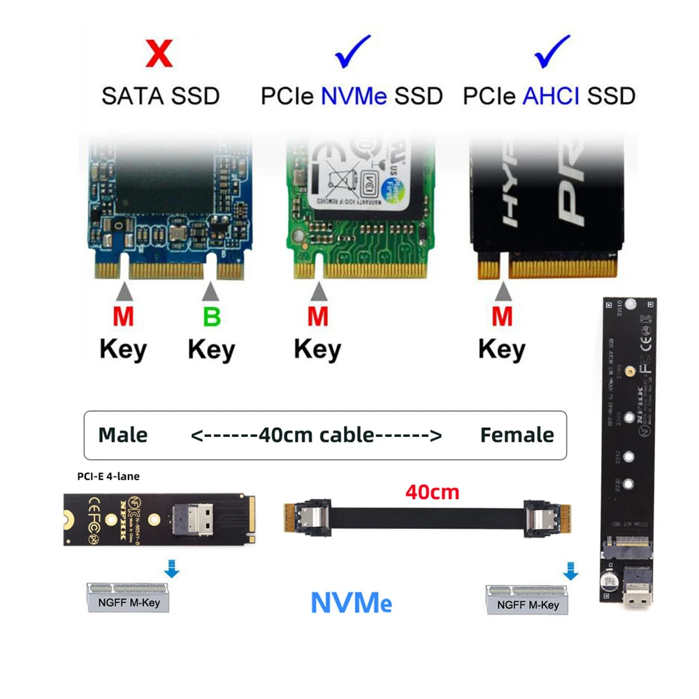 NGFF สายต่อขยายแบบ M-Key NVMe ตัวผู้-ตัวเมีย40ซม. พร้อมขั้วต่อ SFF-8654สำหรับเมนบอร์ด SSD 2280/22110